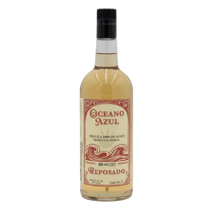 Oceano Azul Reposado Tequila 1L bottle with black cap and red-and-cream front label.