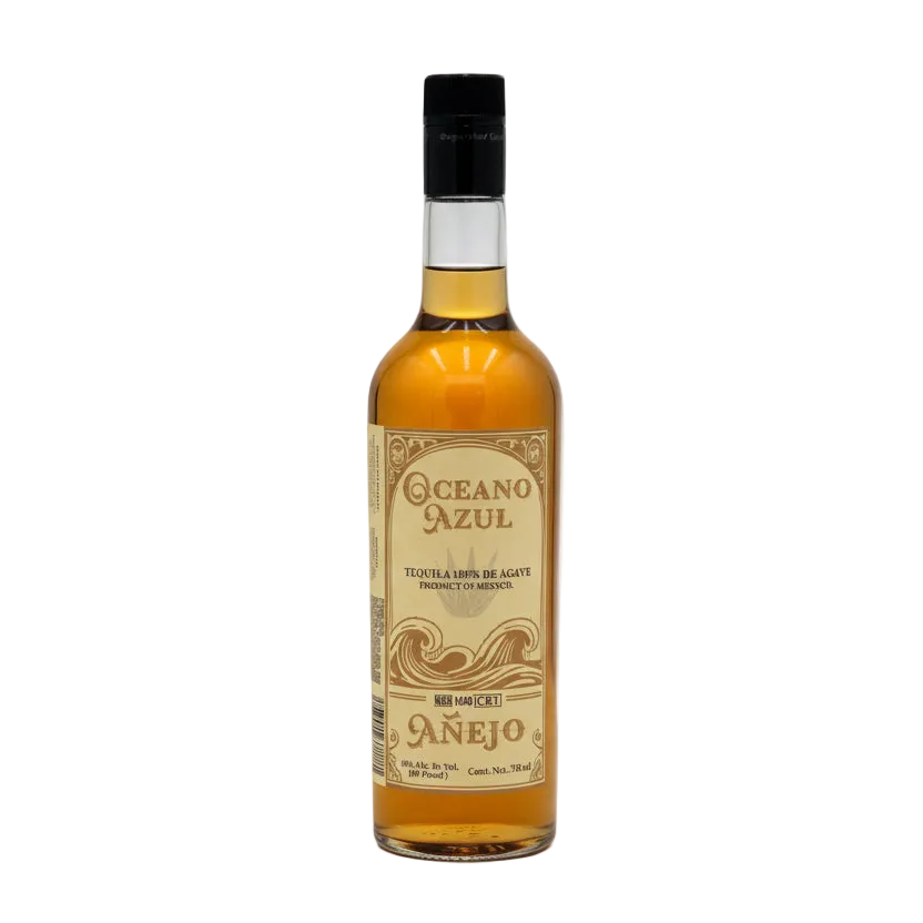 Oceano Azul Anejo Tequila 750ml bottle with amber liquid and its gold ocean-wave label.