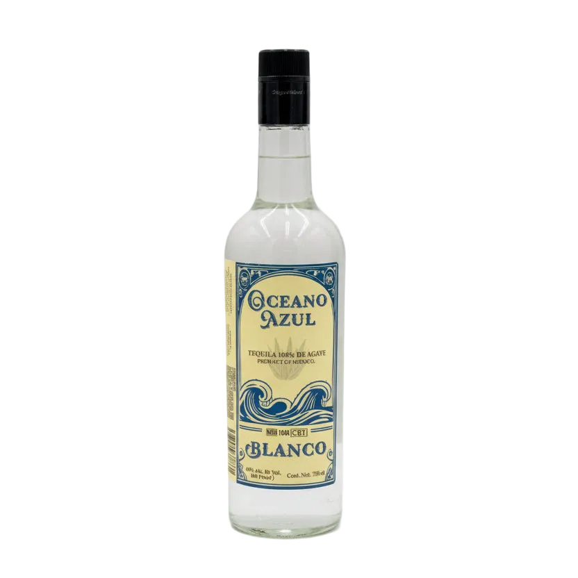 Oceano Azul Blanco Tequila 750ml bottle, front label and blue ocean-wave design.