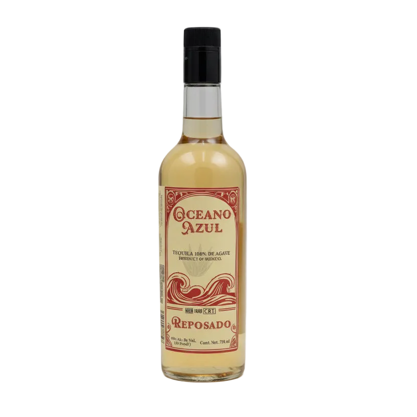 Oceano Azul Reposado Tequila 750ml bottle with golden liquid and its red ocean-wave label.