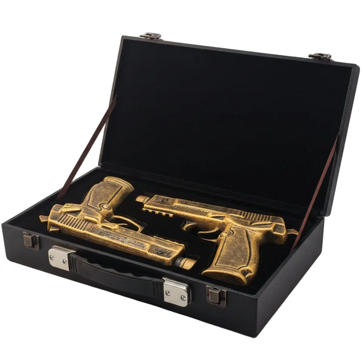 Two pistol-shaped bottles of Oceano Azul Double Trouble Pistol Añejo Tequila placed inside a black case with a secure clasp
