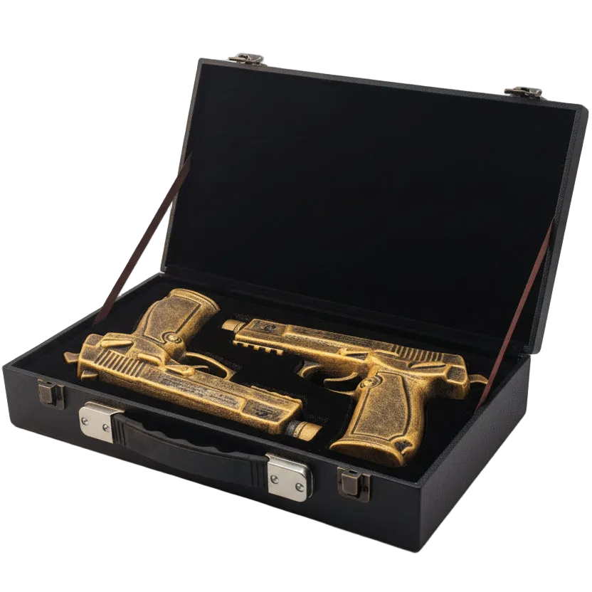 Two pistol-shaped bottles of Oceano Azul Double Trouble Pistol Añejo Tequila placed inside a black case with a secure clasp