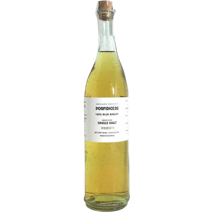 Porfidio 2G Single Malt Whisky bottle with cork stopper and white label.