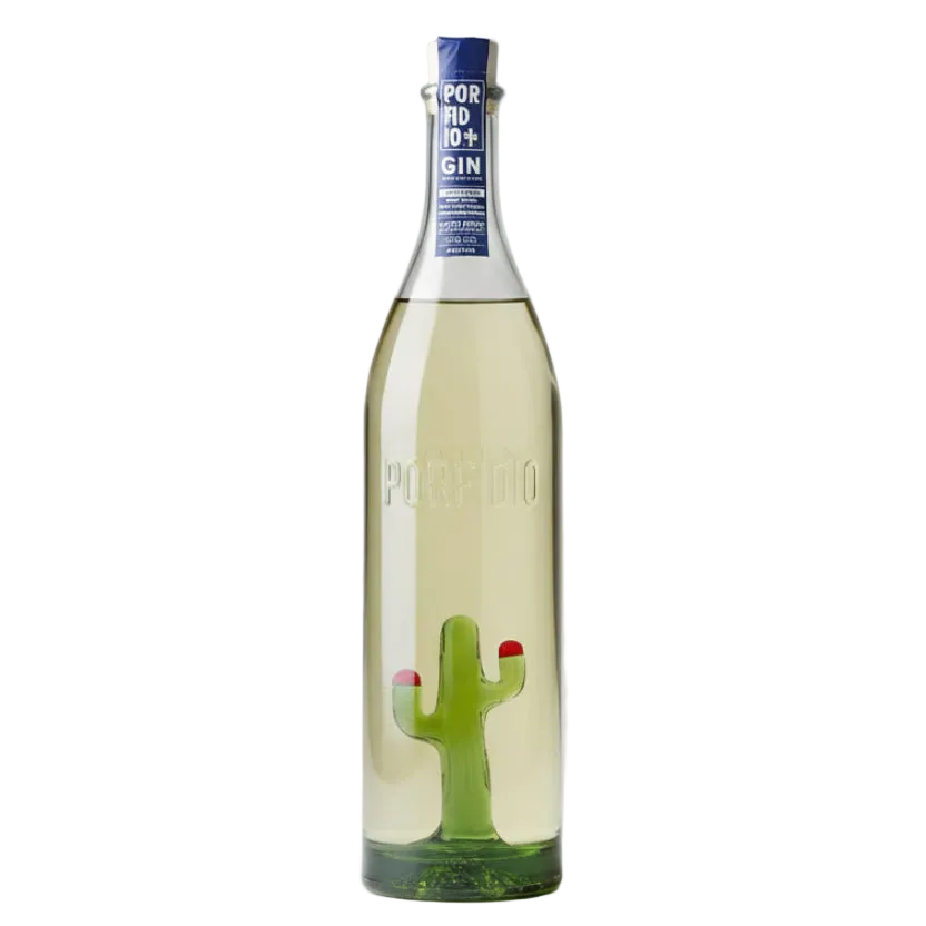 Porfidio Agave Dry Gin bottle with blue neck label and a green cactus inside.
