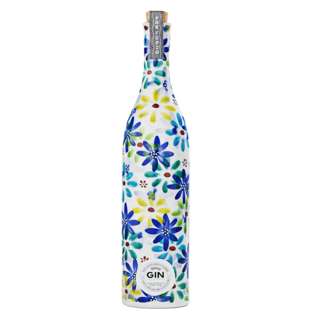 Porfidio Kutani Edition gin in a white ceramic bottle with blue, green, and yellow floral decoration.