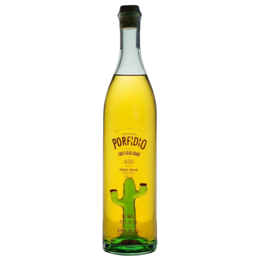 Porfidio The Maximus bottle with golden liquid, dark stopper, and green cactus inside.