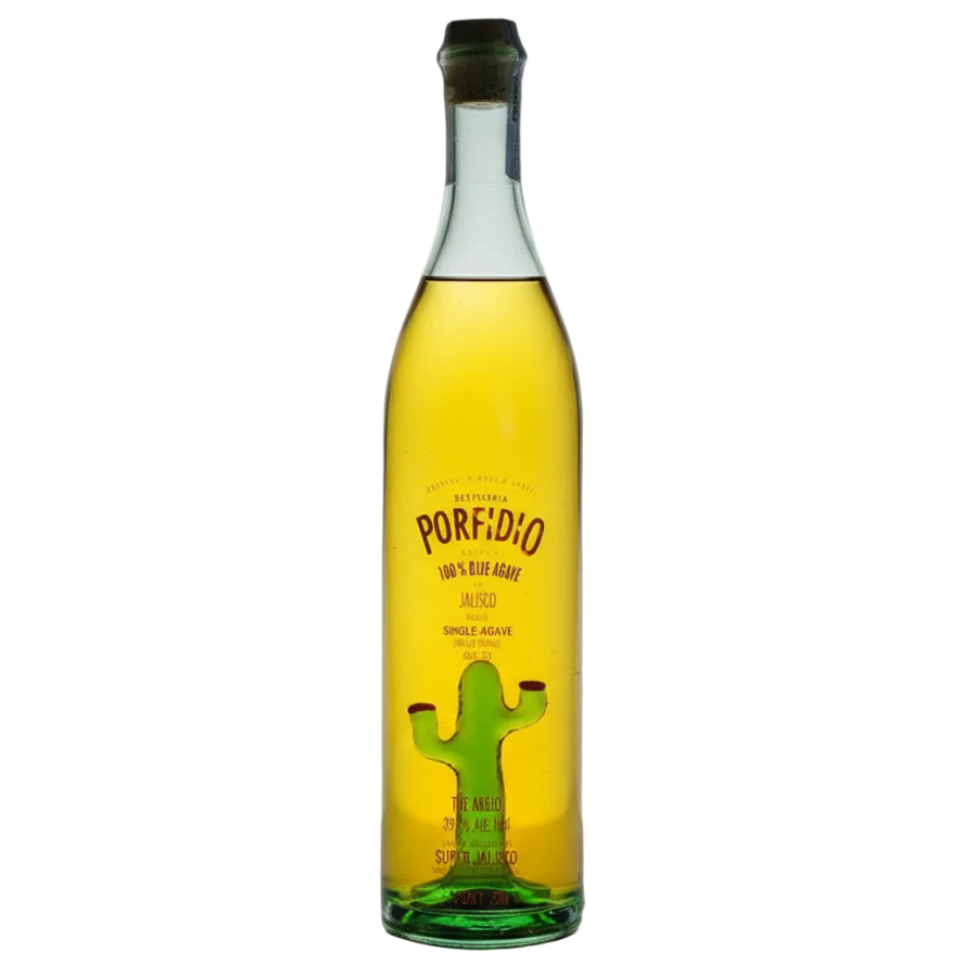Porfidio The Maximus bottle with golden liquid, dark stopper, and green cactus inside.