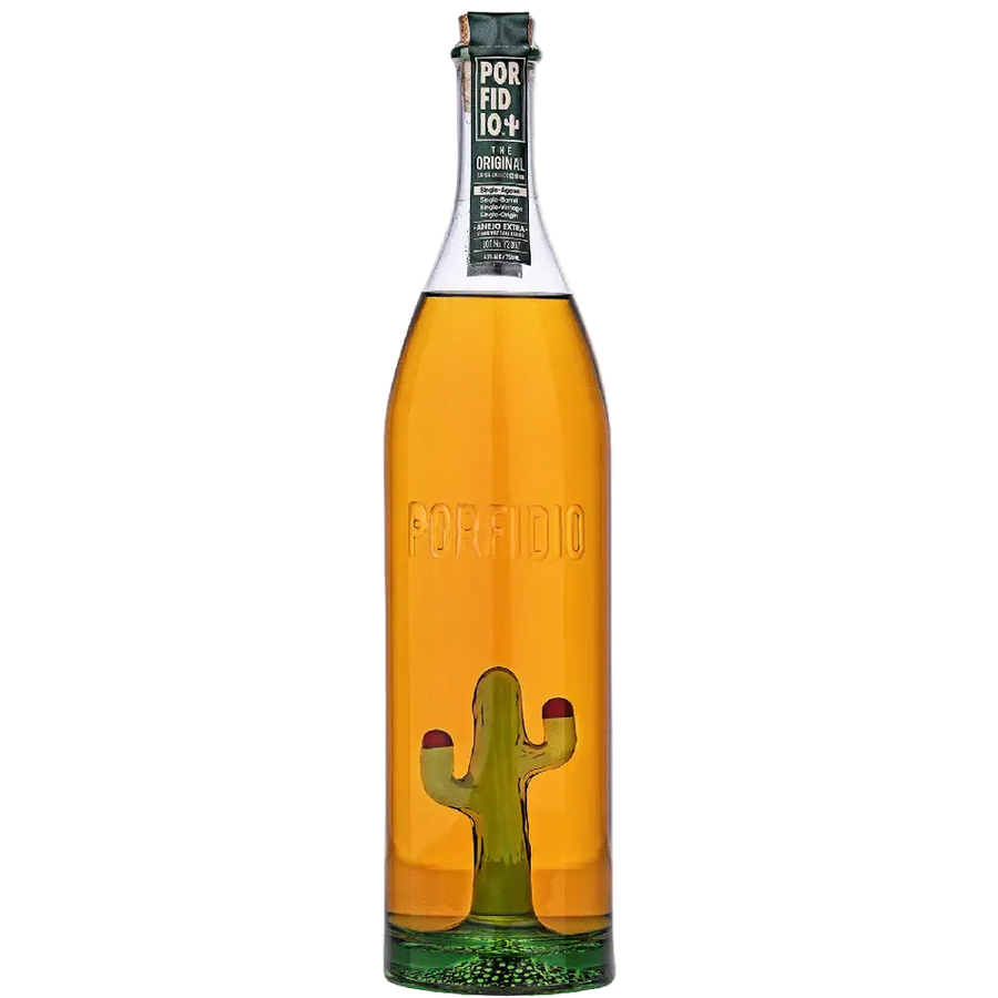 Porfidio The Original bottle with amber liquid, green neck label, and cactus inside.