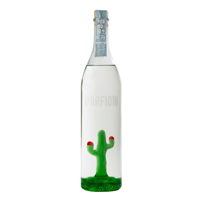 Porfidio The Plata bottle with blue neck label and green cactus inside.
