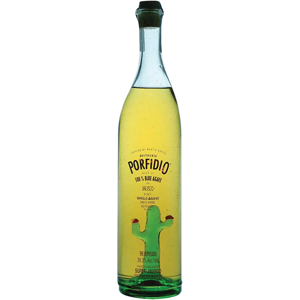 Porfidio The Reposado bottle with golden liquid, dark stopper, and green cactus inside.