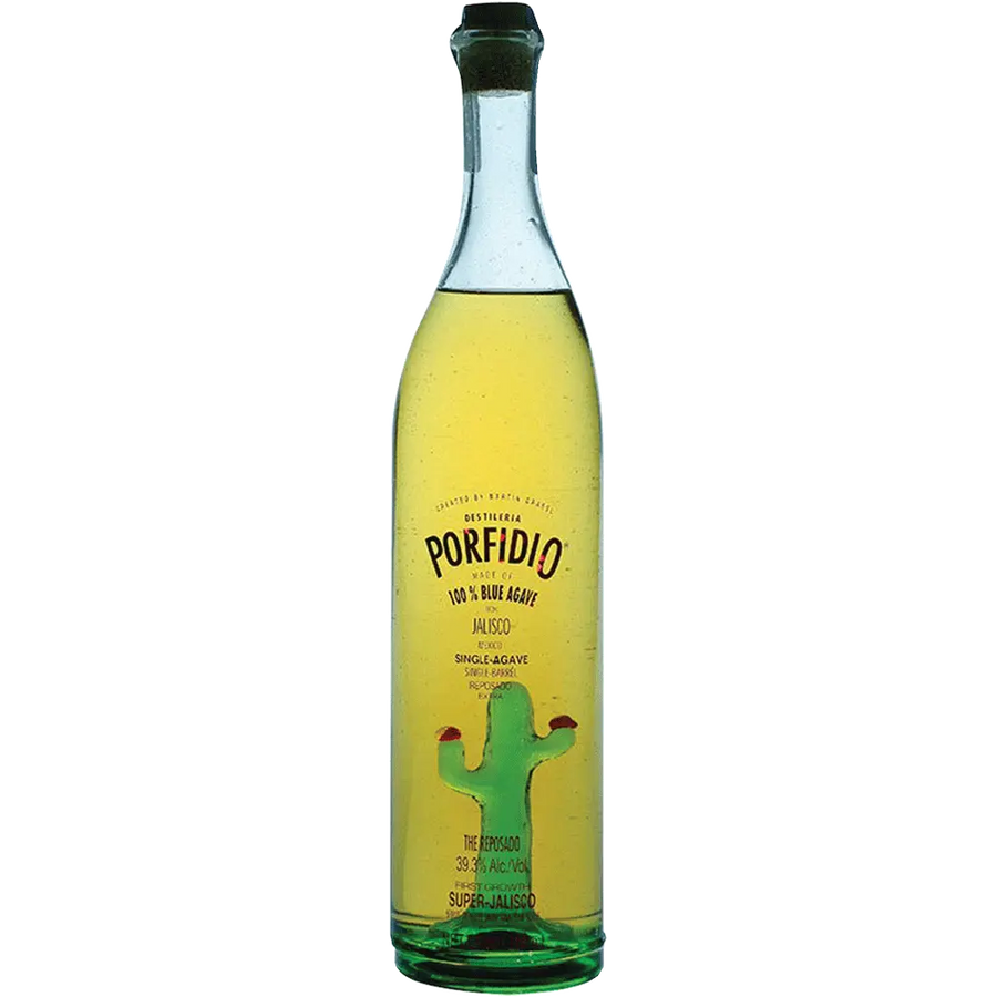 Porfidio The Reposado bottle with golden liquid, dark stopper, and green cactus inside.