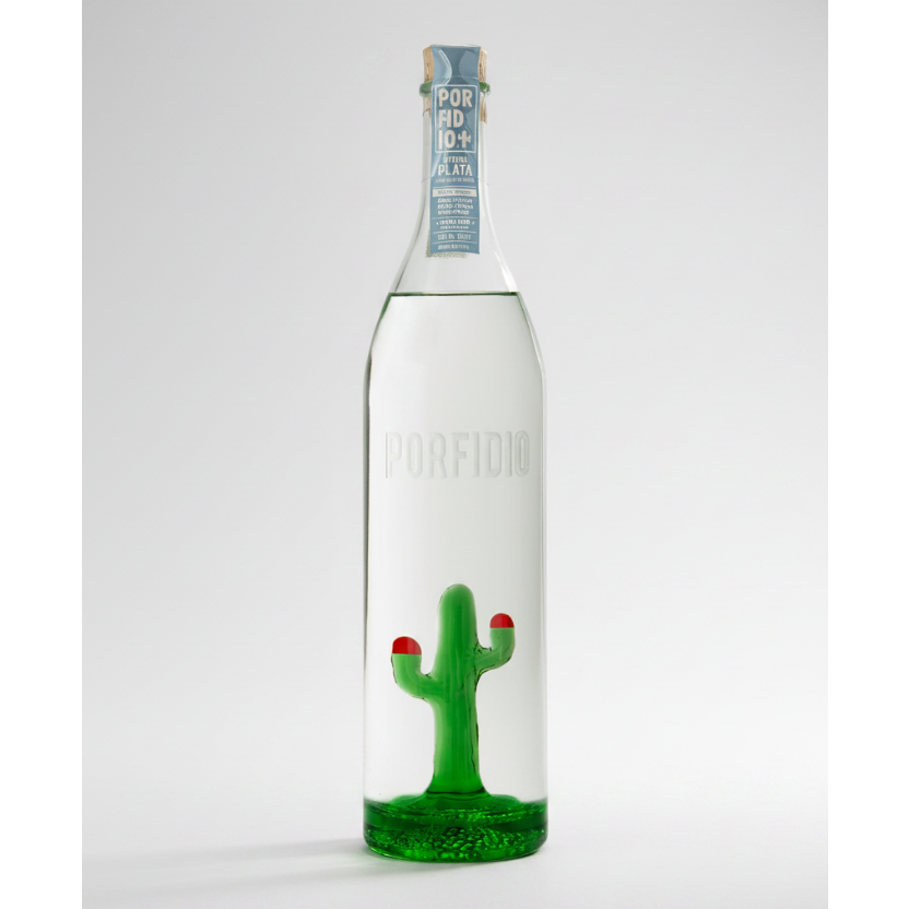 Bottle of Porfidio tequila with a cactus design on a white background