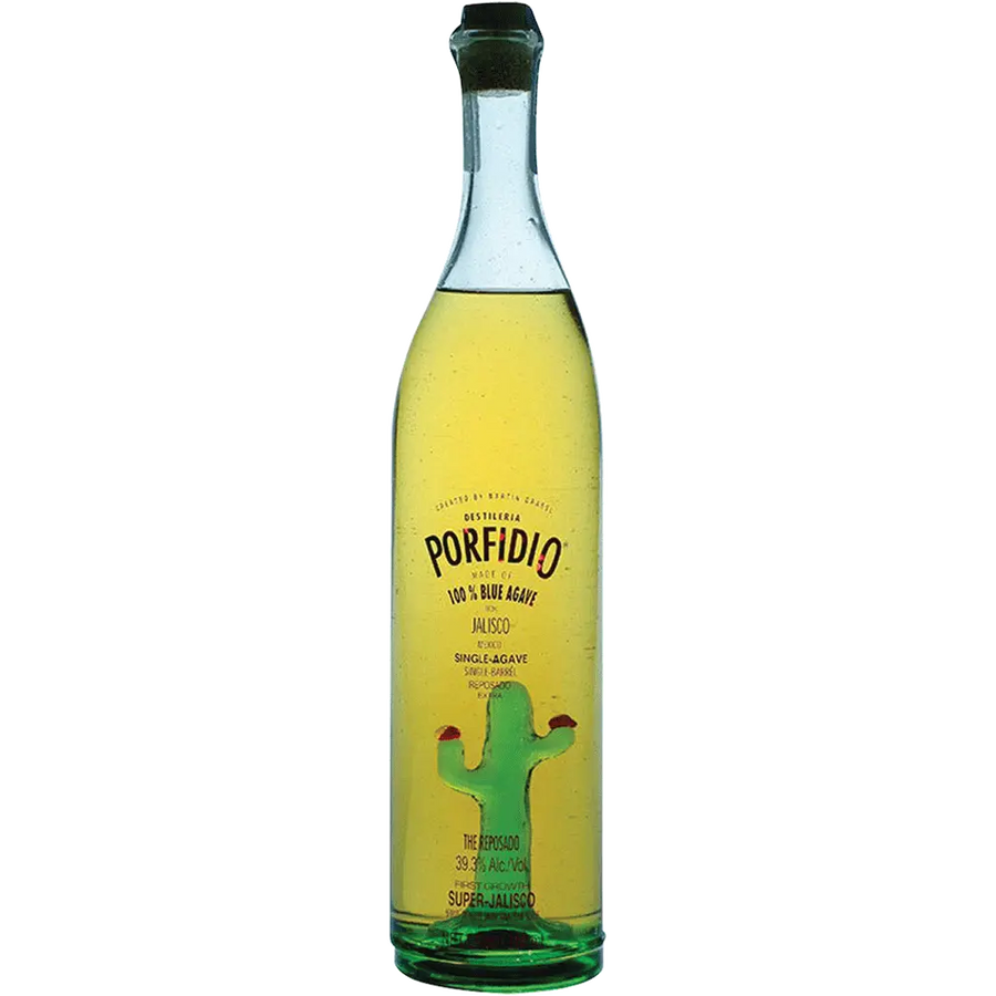 Bottle of Porfidio tequila with a cactus illustration on a white background