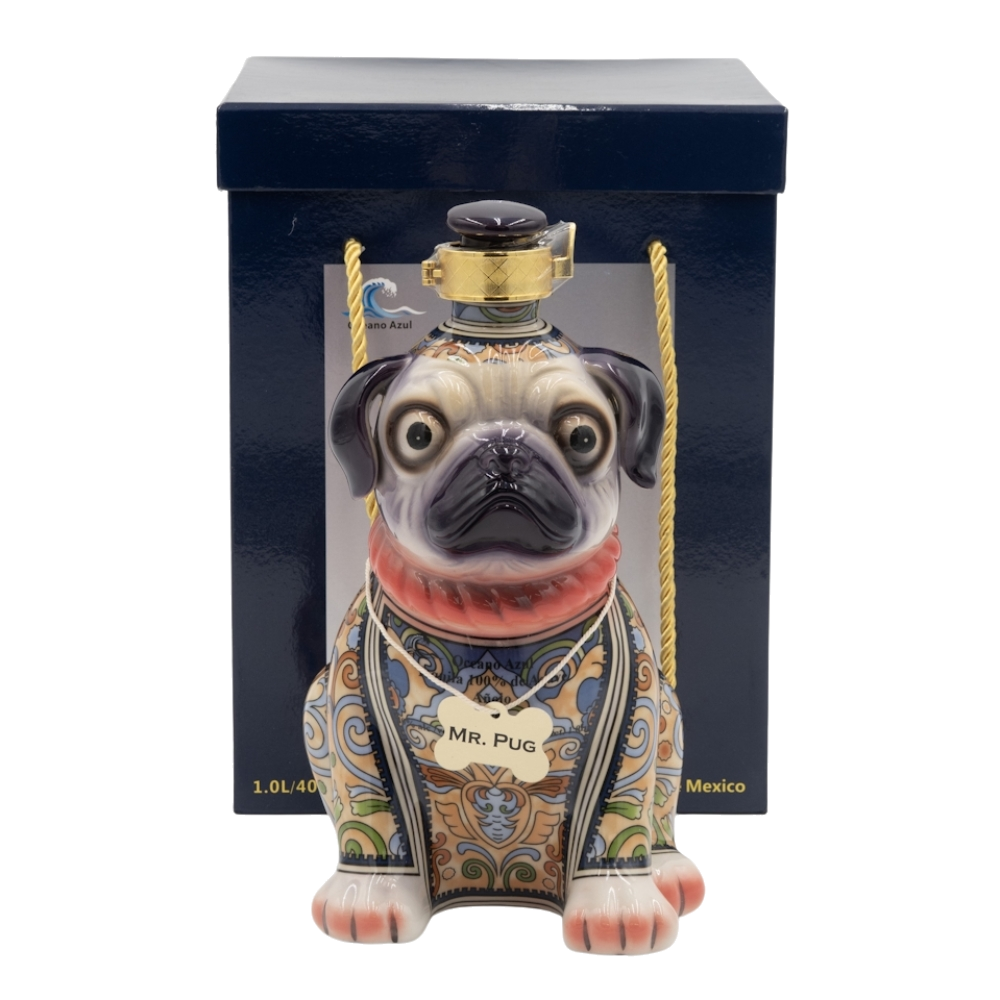 A sculptural bottle of Oceano Azul Pug Añejo Tequila, designed like a sitting dog.