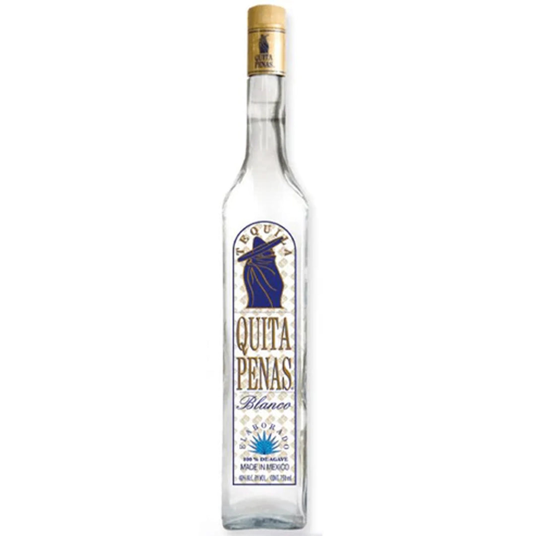 Clear bottle of Quita Penas Blanco tequila on a white background
