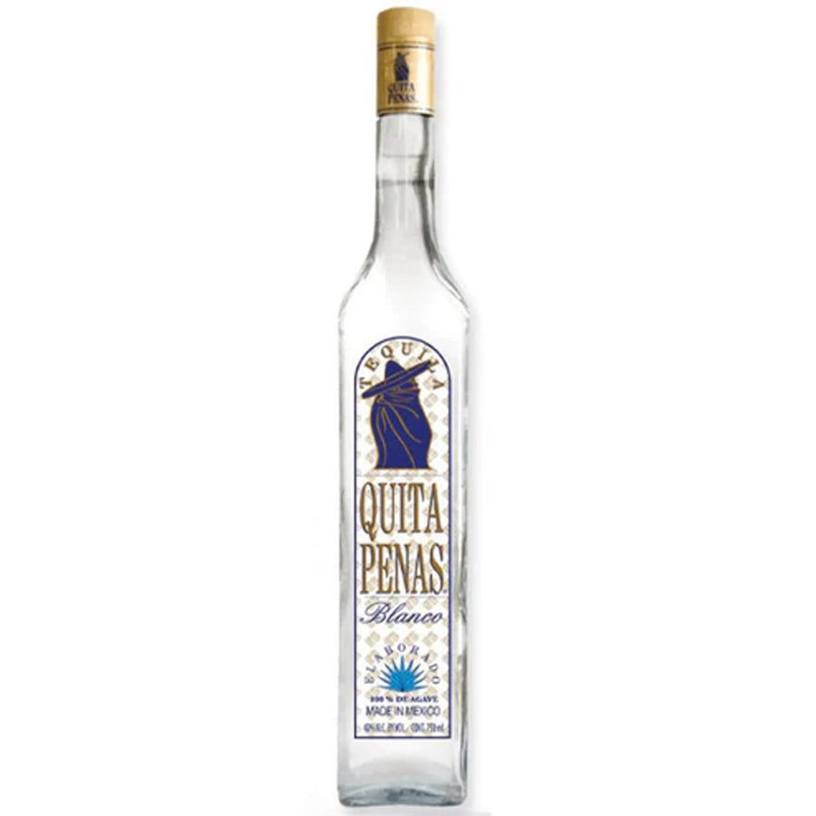 Clear bottle of Quita Penas Blanco tequila on a white background