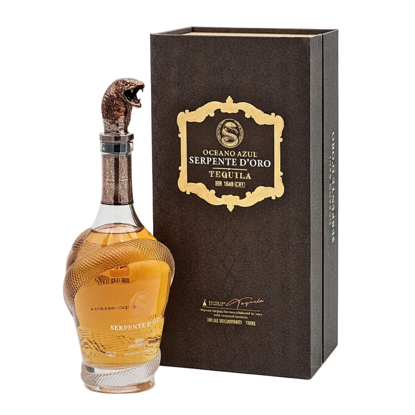 A bottle of Oceano Azul Serpente D'oro Añejo Tequila with a distinctive golden snake cap on the top, alongside its brown packaging box, displaying luxurious branding and design.