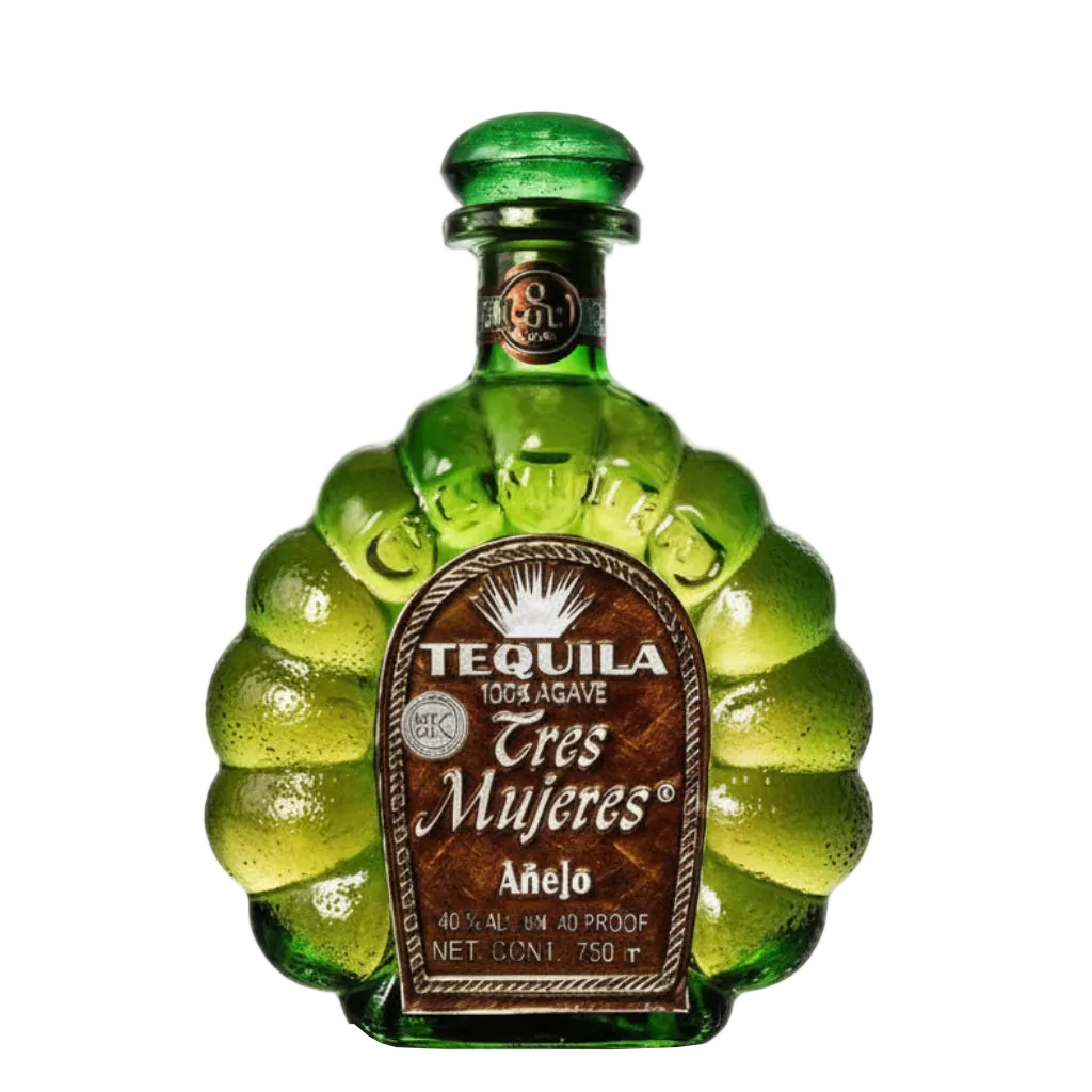 Tres Mujeres Añejo 750ml in a sculpted green tequila bottle with a brown front label and green stopper.