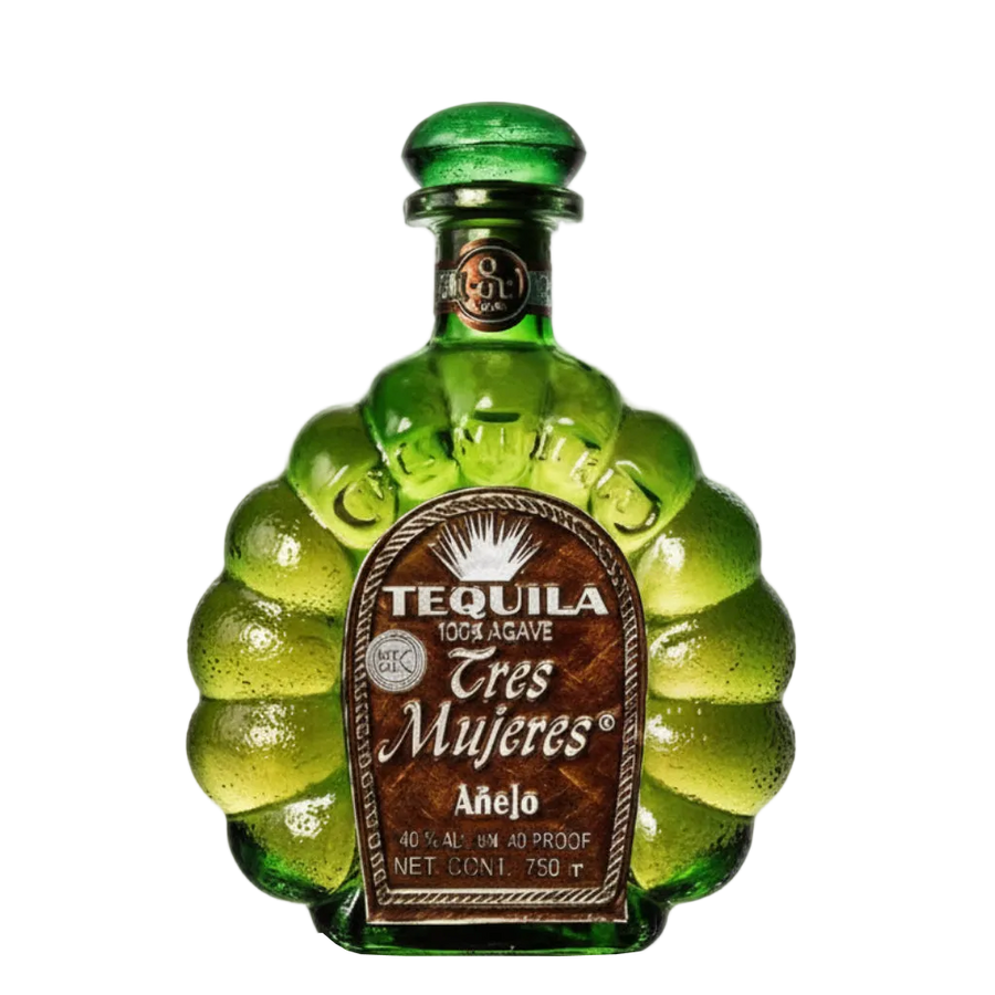Tres Mujeres Añejo 750ml in a sculpted green tequila bottle with a brown front label and green stopper.