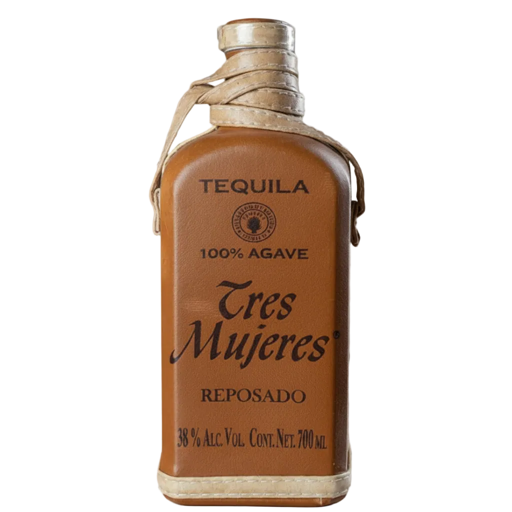 Tres Mujeres Anfora Reposado tequila bottle with brown leather wrap and tan straps.