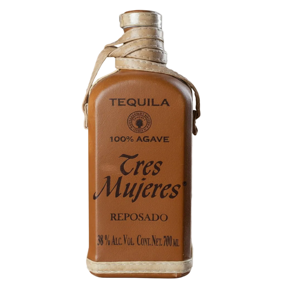 Tres Mujeres Anfora Reposado tequila bottle with brown leather wrap and tan straps.