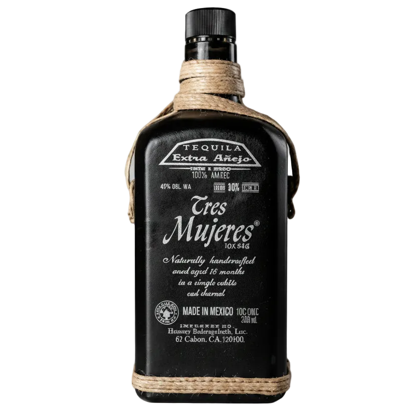 Tres Mujeres Extra Añejo Black Anfora tequila bottle with black cap, white lettering, and rope detailing around the neck and base.