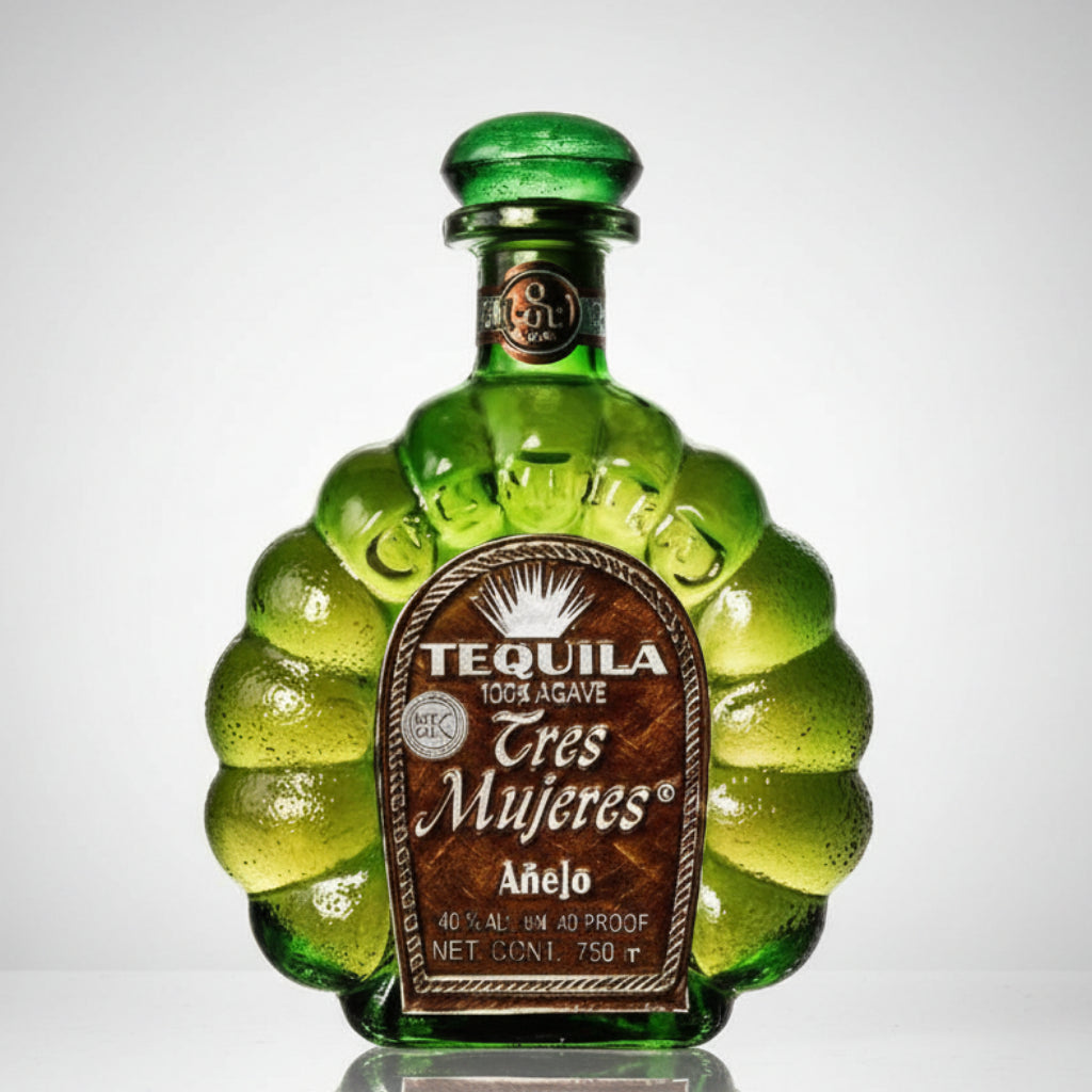 Green tequila bottle with 'Tres Mujeres' label on a white background