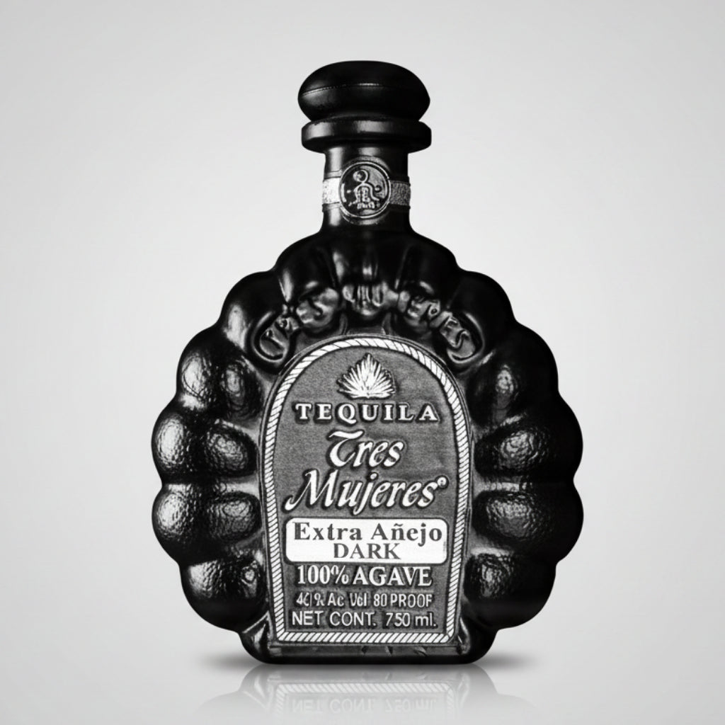 Tequila bottle labeled 'Tres Mujeres' on a white background