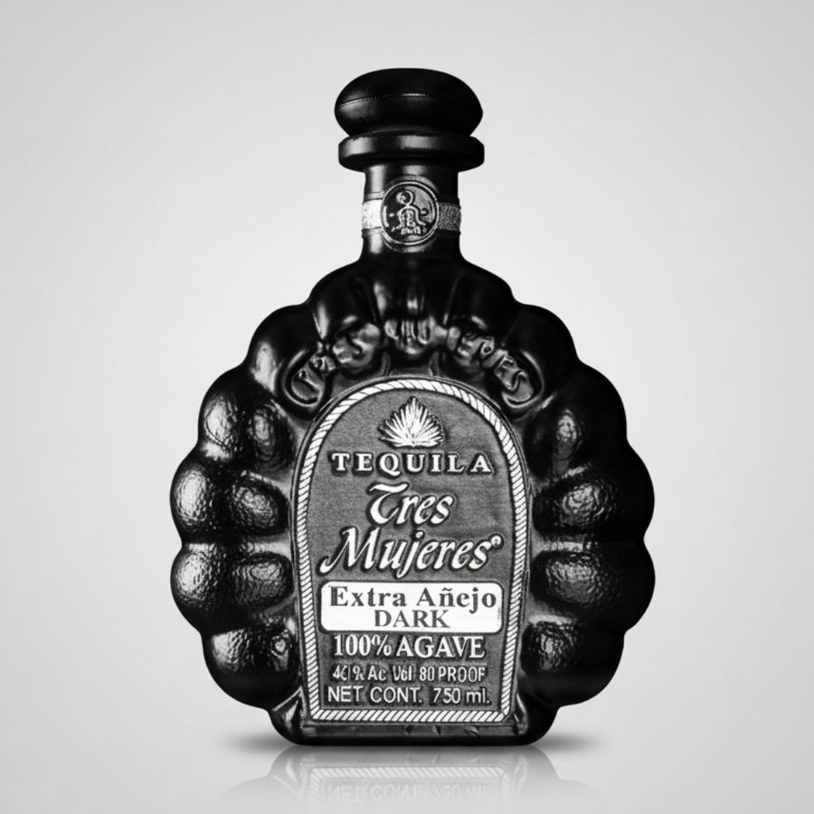 Tequila bottle labeled 'Tres Mujeres' on a white background