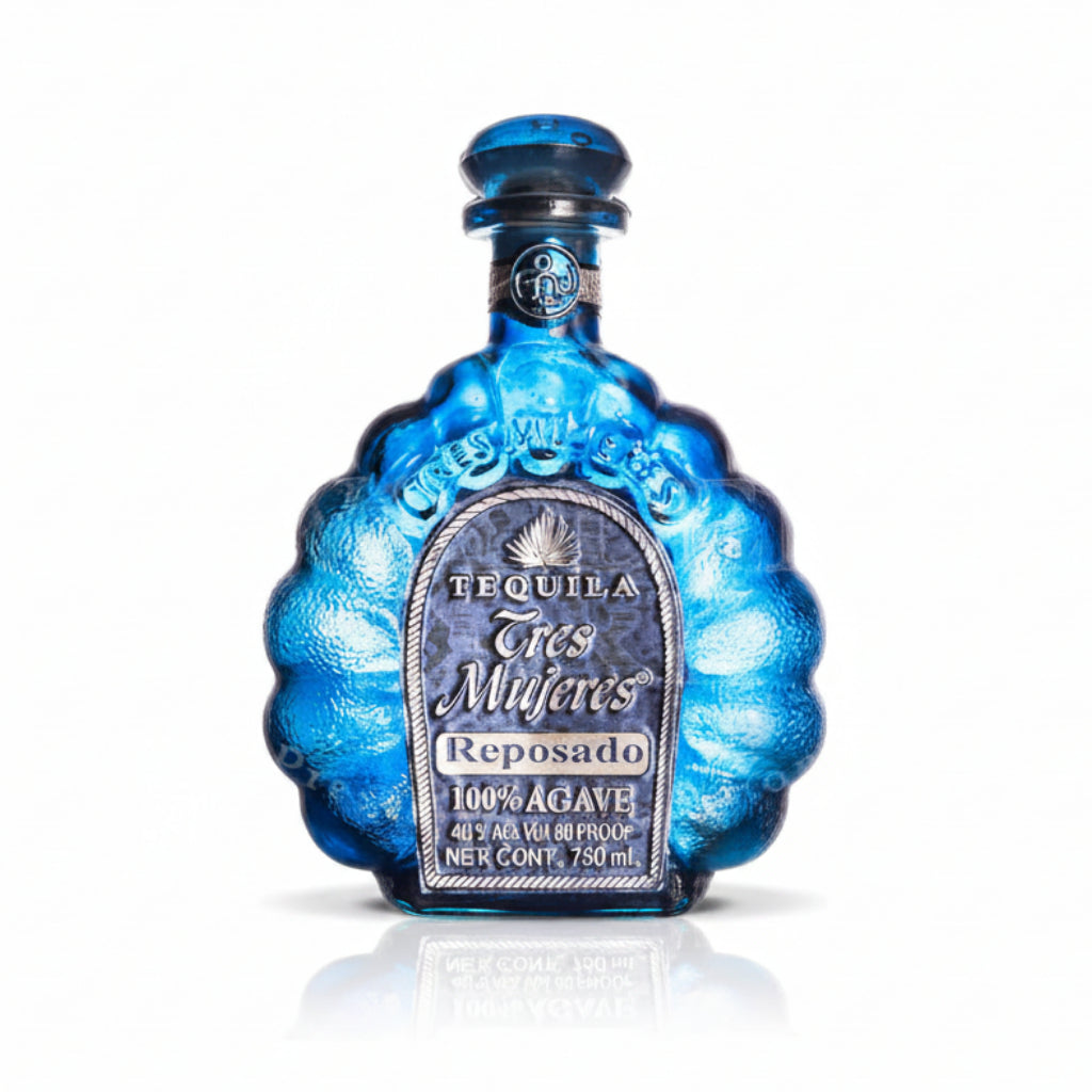 Tequila bottle with blue metallic finish on a white background