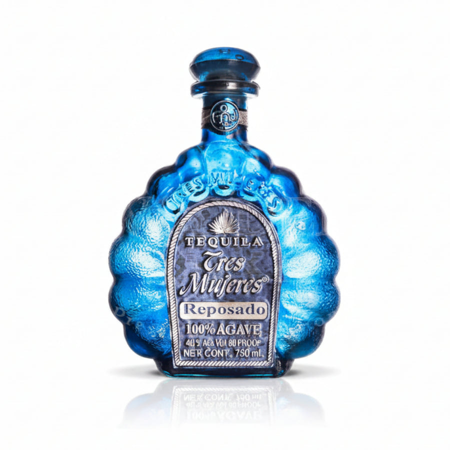 Tequila bottle with blue metallic finish on a white background