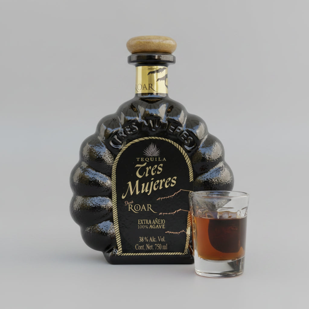 Bottle of Tres Mujeres Tequila with a glass of tequila on a wooden surface.