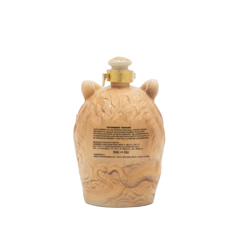 Oceano Azul White Tiger Anejo Tequila ceramic bottle, rear label and decorative relief.