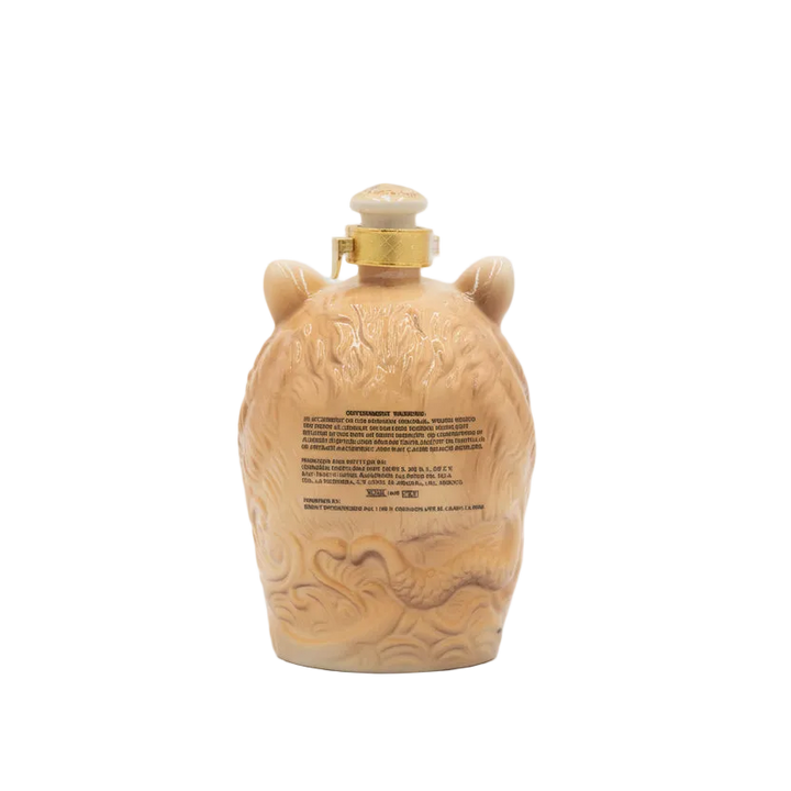 Oceano Azul White Tiger Anejo Tequila ceramic bottle, rear label and decorative relief.