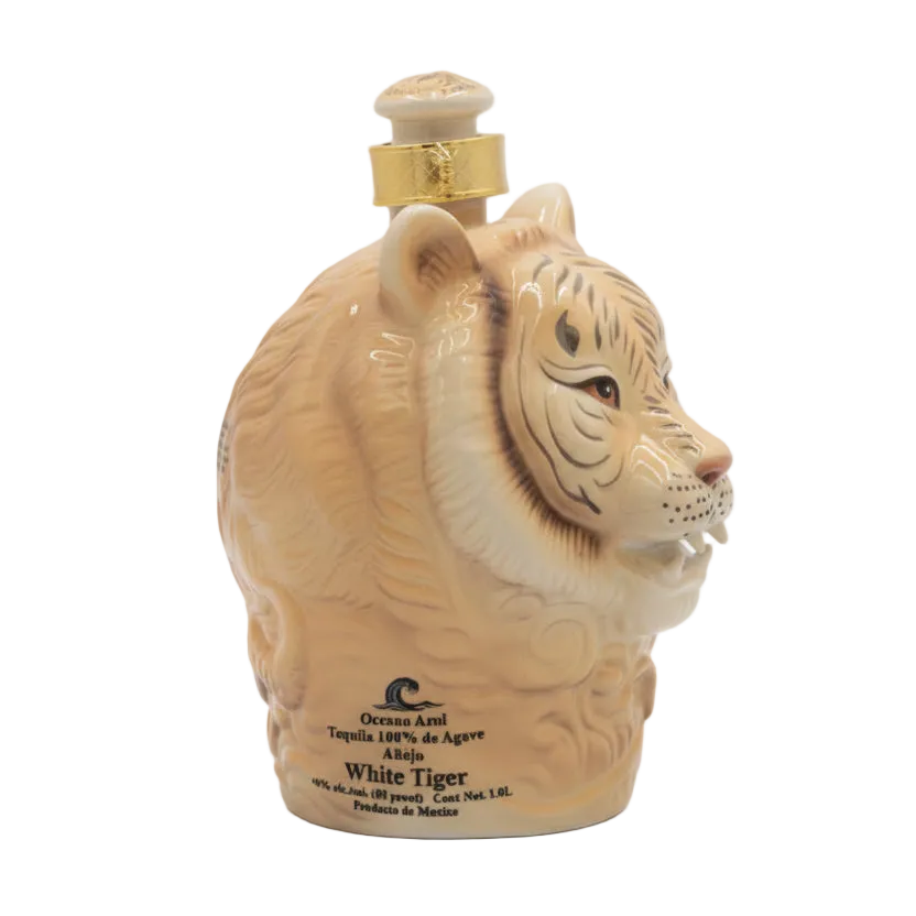 Oceano Azul White Tiger Anejo Tequila ceramic bottle, right-facing side view.