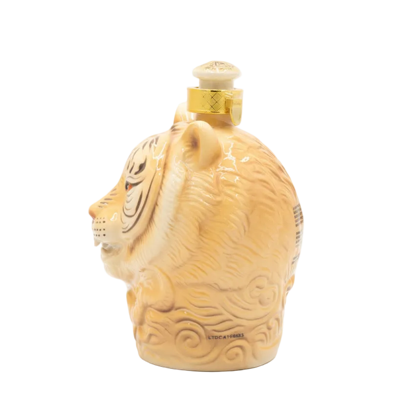 Oceano Azul White Tiger Anejo Tequila ceramic bottle, left-facing side view.