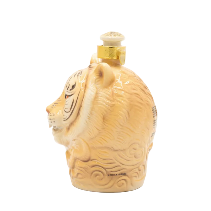 Oceano Azul White Tiger Anejo Tequila ceramic bottle, left-facing side view.