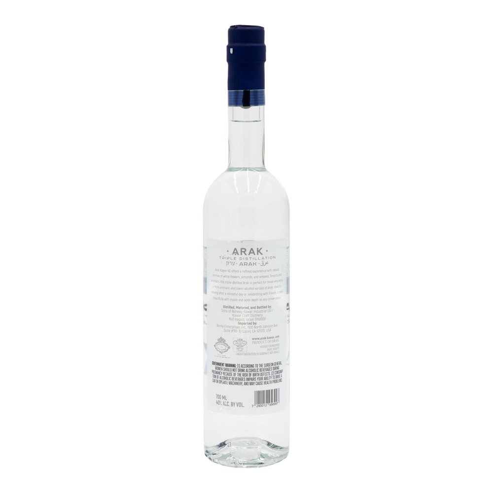 Back view of Kawar Blue Arak 40% ABV, 700ml, showing the rear product label and barcode.