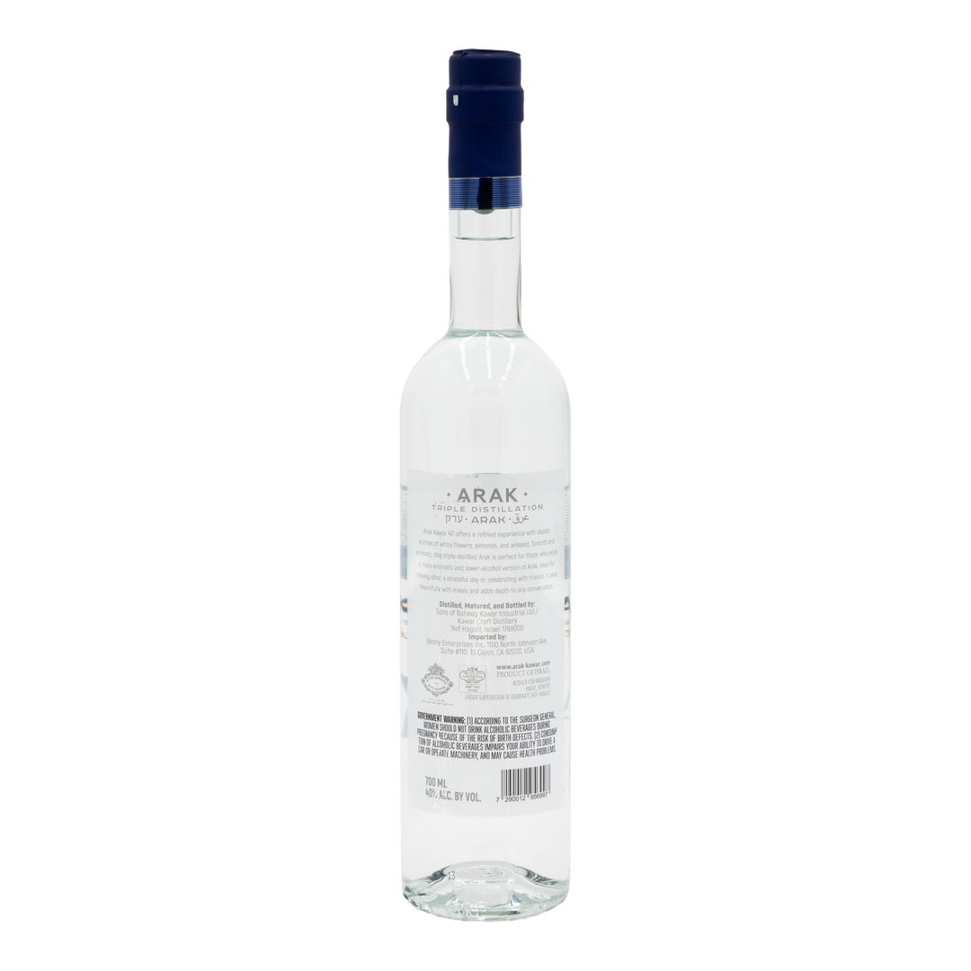 Back view of Kawar Blue Arak 40% ABV, 700ml, showing the rear product label and barcode.