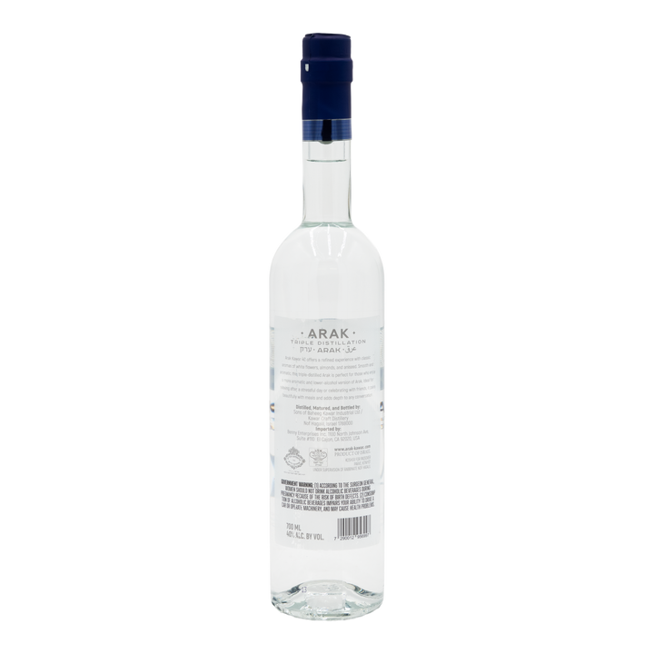 Back view of Kawar Blue Arak 40% ABV, 700ml, showing the rear product label and barcode.