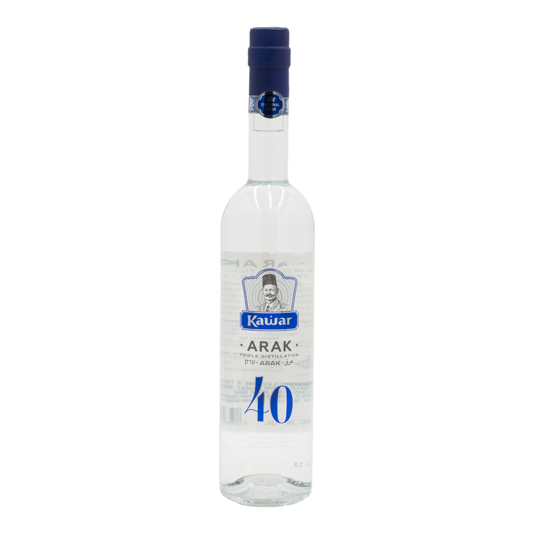 Front view of Kawar Blue Arak 40% ABV in a 700ml bottle with blue cap and label.