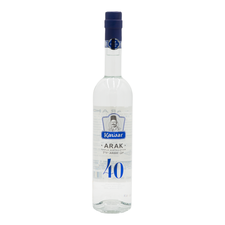Front view of Kawar Blue Arak 40% ABV in a 700ml bottle with blue cap and label.