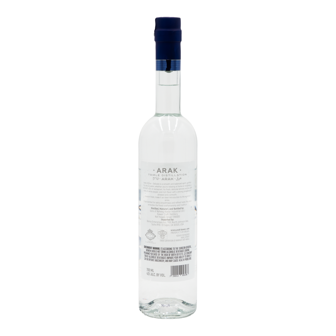 Back label of Kawar Delicate Arak 43% 700ml bottle on a transparent background