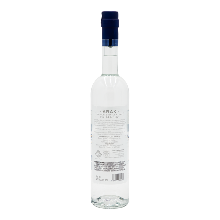 Back label of Kawar Delicate Arak 43% 700ml bottle on a transparent background