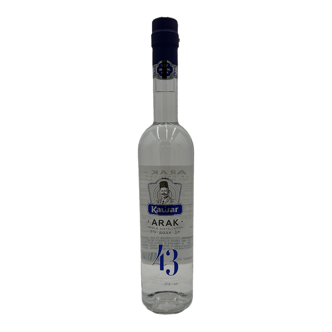 Front of Kawar Delicate Arak 43% 700ml bottle with blue label details.