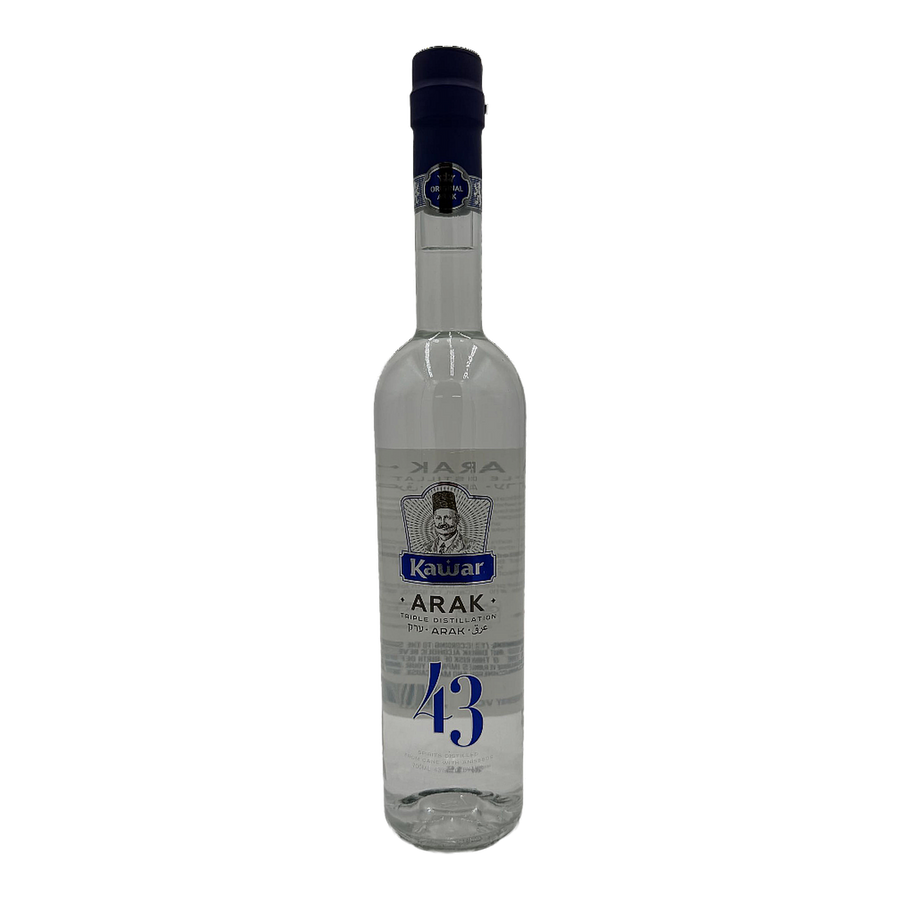 Front of Kawar Delicate Arak 43% 700ml bottle with blue label details.
