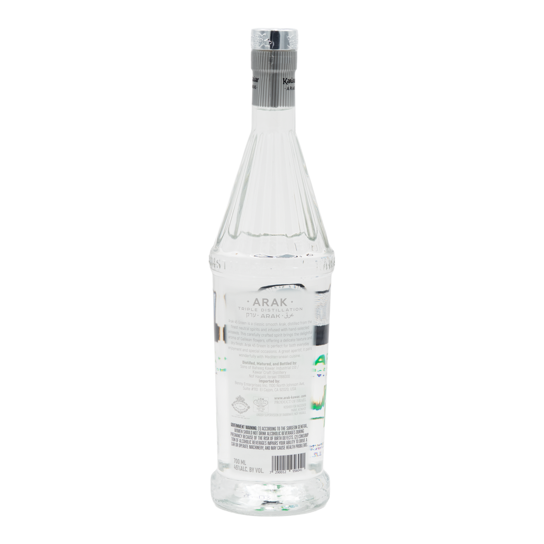 Back label of Kawar Premium Green Arak 45% 700ml bottle, showing product information and barcode.