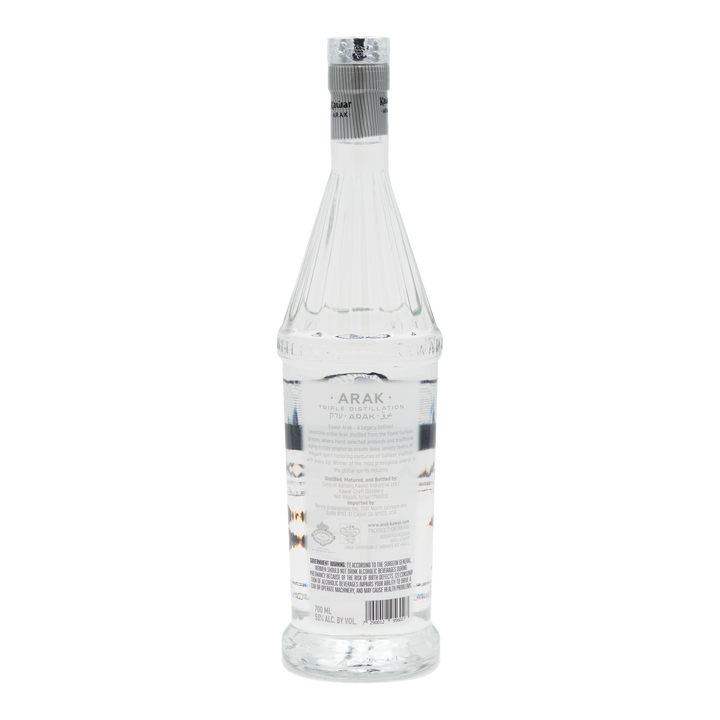 Back label of Kawar Premium Black Arak 53% 700ml bottle.