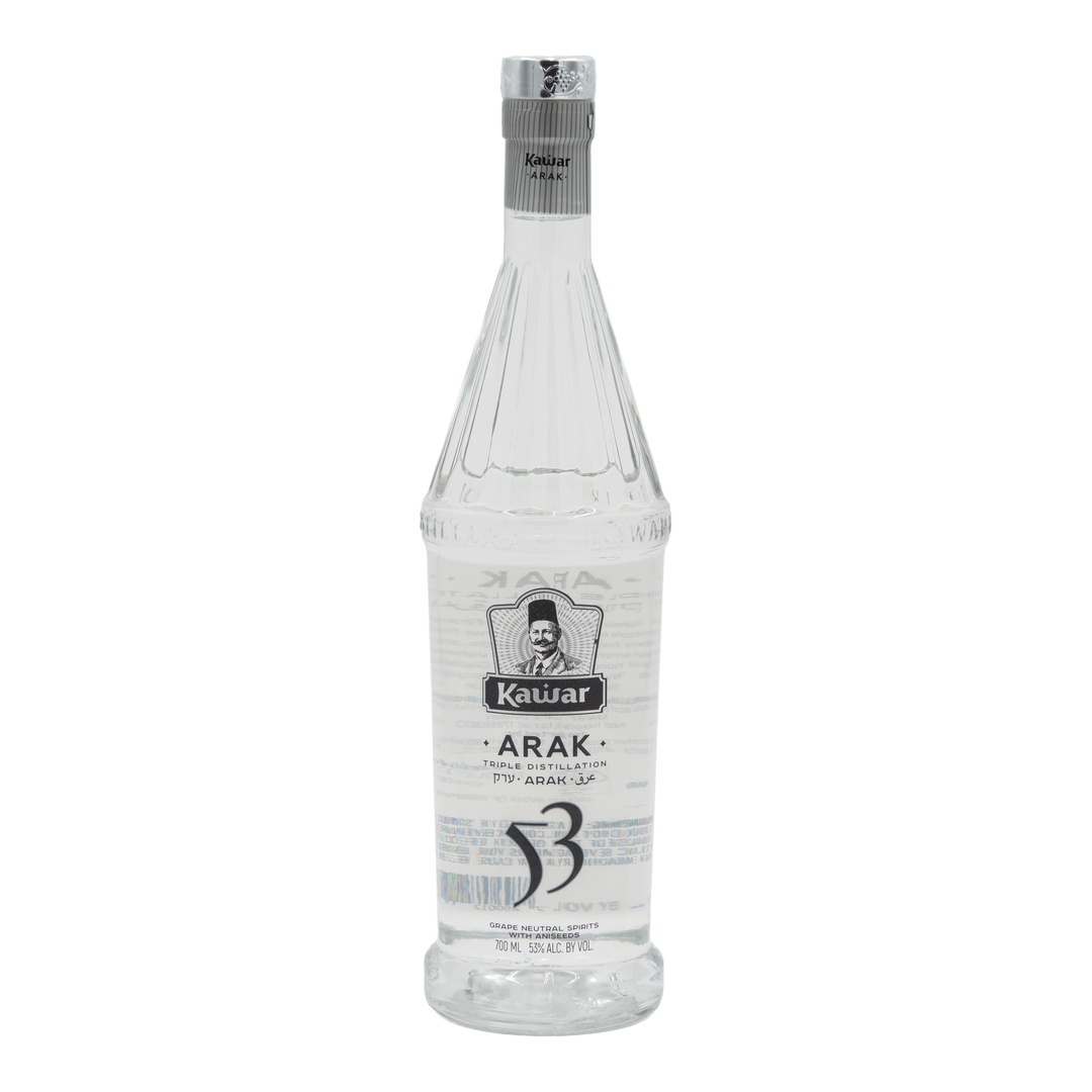 Front view of Kawar Premium Black Arak 53% 700ml bottle.