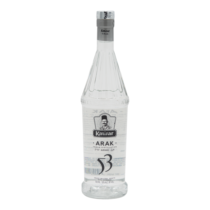 Front view of Kawar Premium Black Arak 53% 700ml bottle.